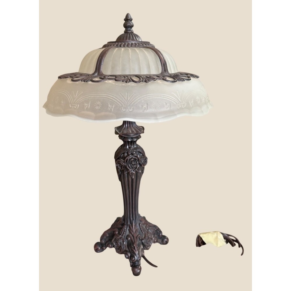 Cheyenne Bronze Rose Table Lamp Frosted Etched Glass Butterfly Shade Victorian